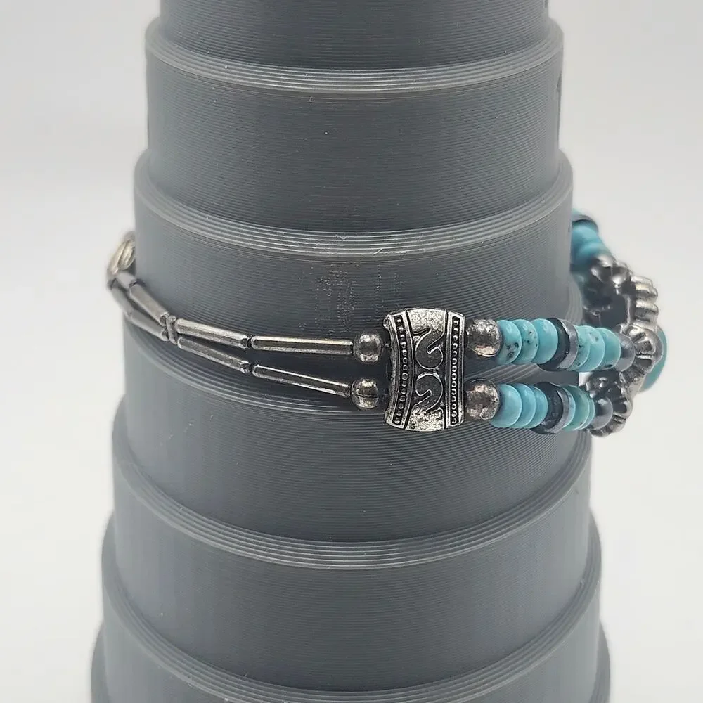 Turquoise Color Beaded Bracelet Silver Tone Boho Southwestern Cuff Lobster 7